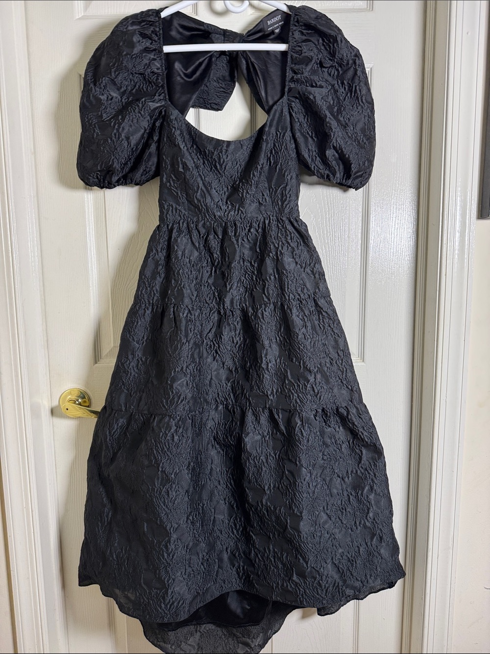 Bardot Black Textured Puff-Sleeve Formal Dress Ribbon Hi-Low Hem Sz XS